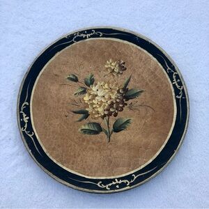 Vintage Hand Painted Green Floral Toleware Serving Tray 13” Farmhouse Co…